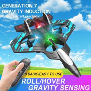 Remote control airplane with gravity sensing, stunt foam aircraft, colorful LED lights, rechargeable, crash-resistant drone.